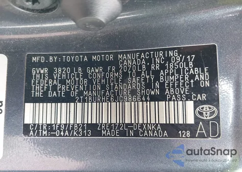 2018 Toyota Corolla Le from USA, damaged, VIN 2T1BURHE6JC986644